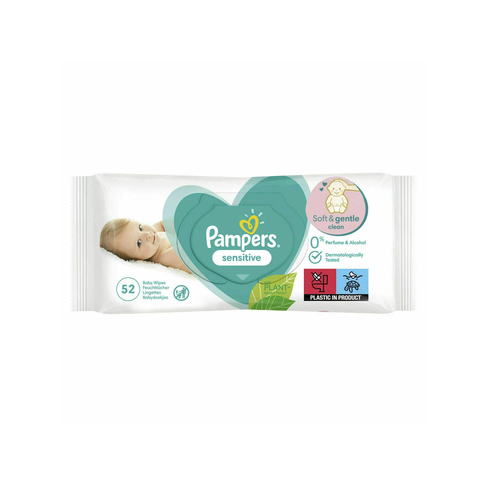 PAMPERS Sensitive Μωρομάντηλα χωρίς Άρωμα, Οινόπνευμα & Parabens 52τμχ - Image 2