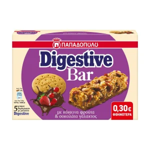 ΠΑΠΑΔΟΠΟΥΛΟΥ Digestive Bar Μπάρες Δημητριακών με Κόκκινα Φρούτα & Σοκολάτα Γάλακτος 5x28g